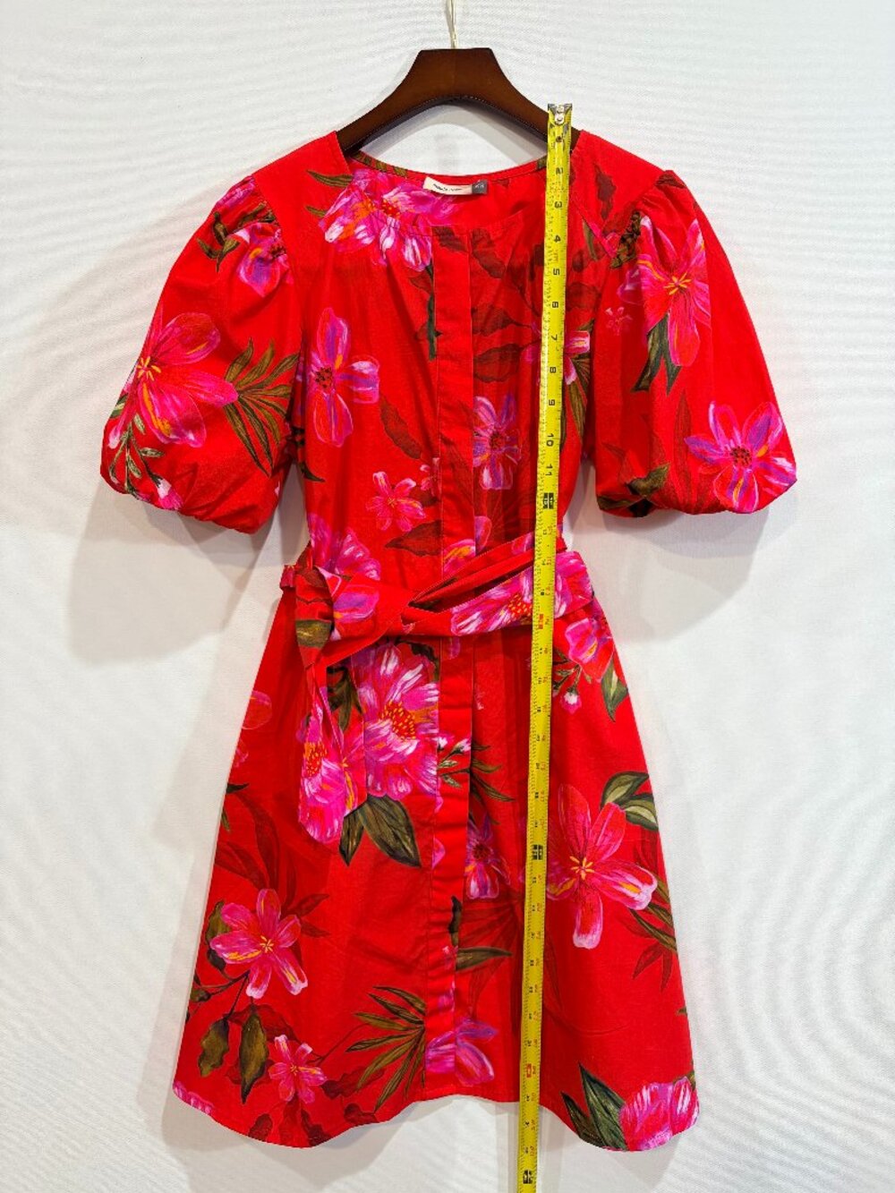 Petite tailored Maude Vivante Red Floral 100% Cotton Belted Puff Sleeve Dress XS